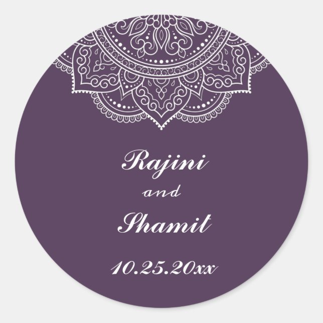 Elegant Aubergine White Indian Paisley Wedding  Classic Round Sticker (Front)