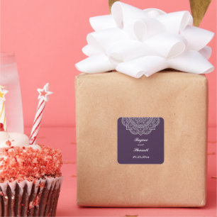 Elegant Aubergine White Indian Paisley Wedding Square Sticker