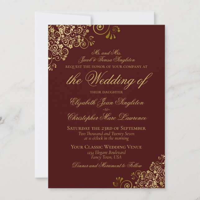 Elegant Auburn Brown & Gold Classy Formal Wedding Invitation (Front)