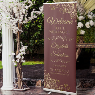 Elegant Auburn Brown & Gold Lacy Wedding Welcome Retractable Banner