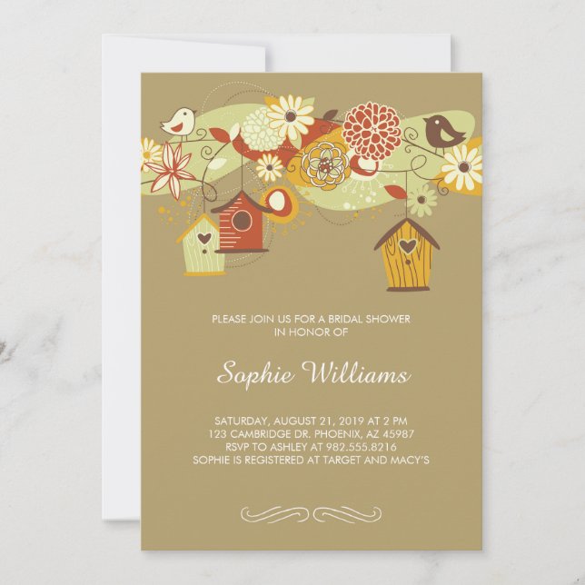 Elegant Autumn Birdhouses Bridal Shower Invitation (Front)