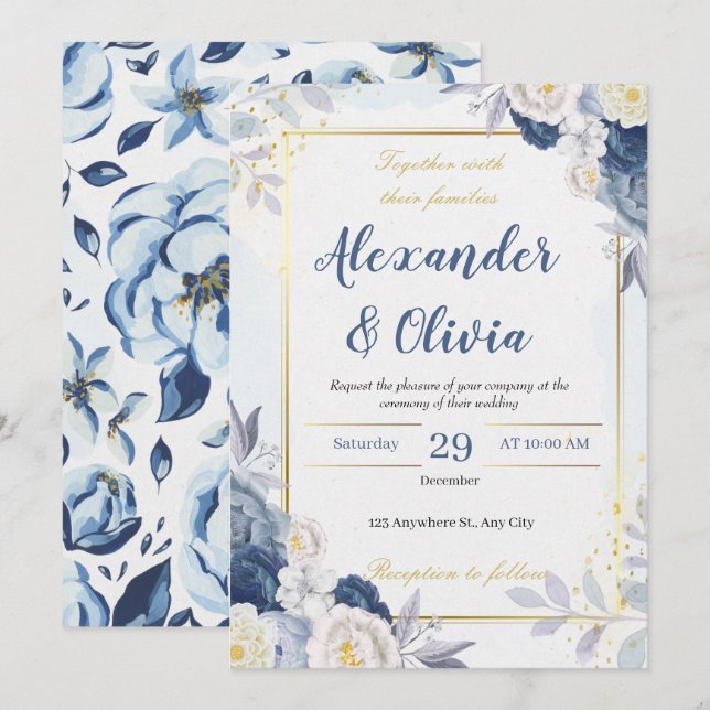 elegant autumn blue and floral wedding invitation (Front/Back)