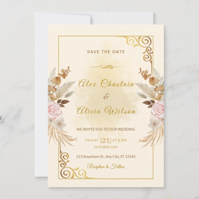 Elegant Autumn Blush Floral Gold Frame Wedding  Invitation (Front)