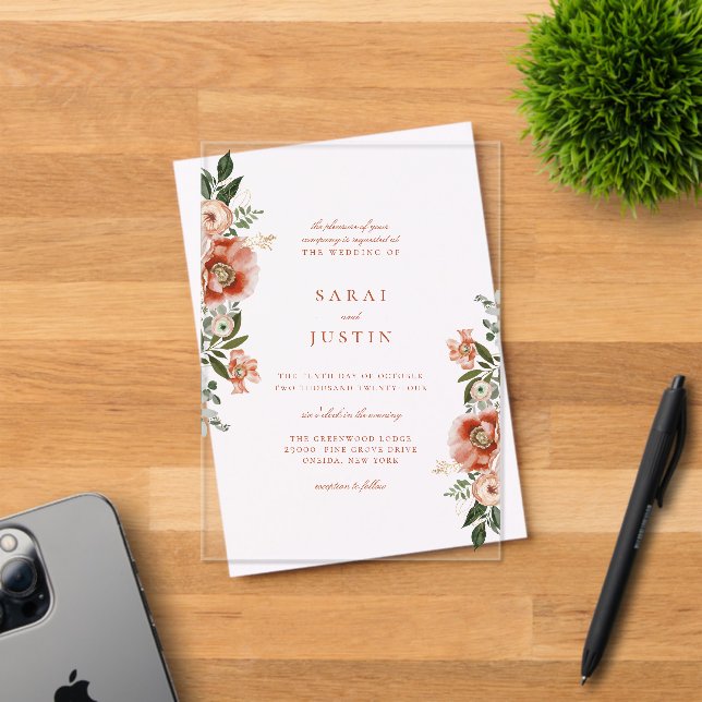 Elegant Autumn Botanical Floral Wedding Acrylic Invitations (Insitu (Invitation Card))