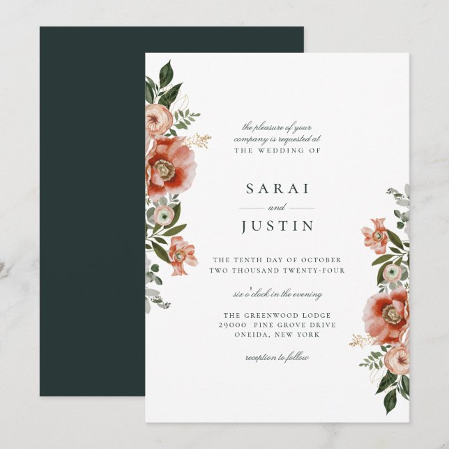 Elegant Autumn Botanical Floral Wedding Invitation (Front/Back)
