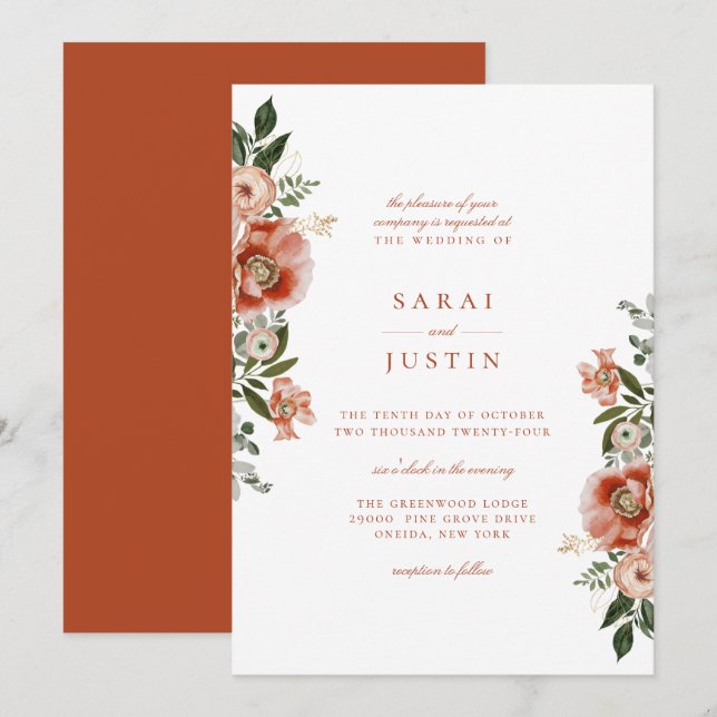 Elegant Autumn Botanical Floral Wedding Invitation (Front/Back)