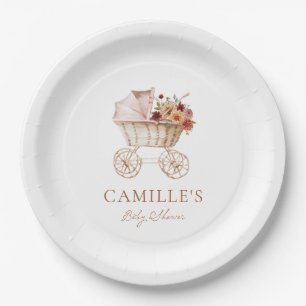 Elegant Autumn Burgundy Floral Baby Shower Paper Plate