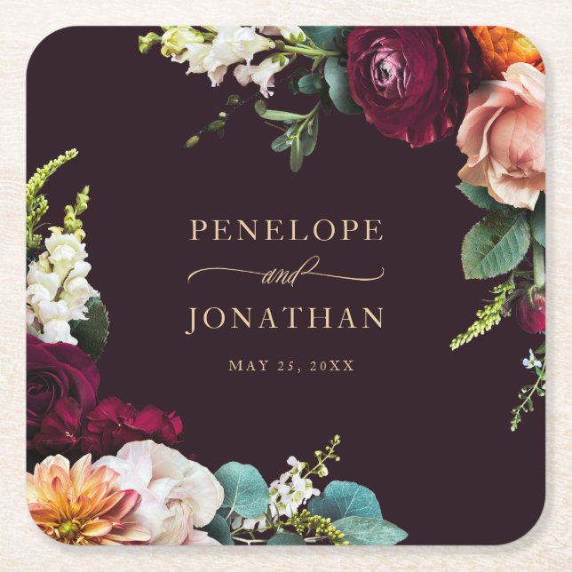 Elegant Autumn Burgundy Floral Gold Script Wedding Square Paper Coaster (Front)