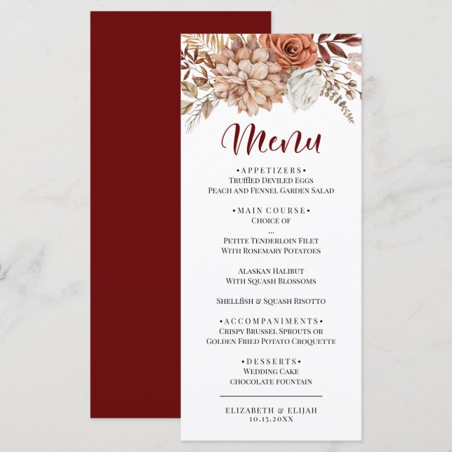 Elegant Autumn Burgundy Floral Wedding Flat Menu (Front/Back)