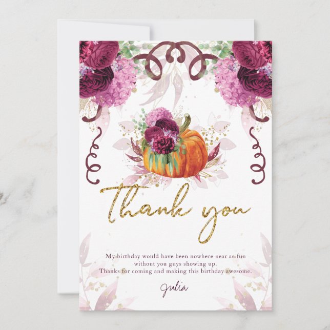 Elegant Autumn Burgundy Pumpkin Birthday Thank You Card (Front)
