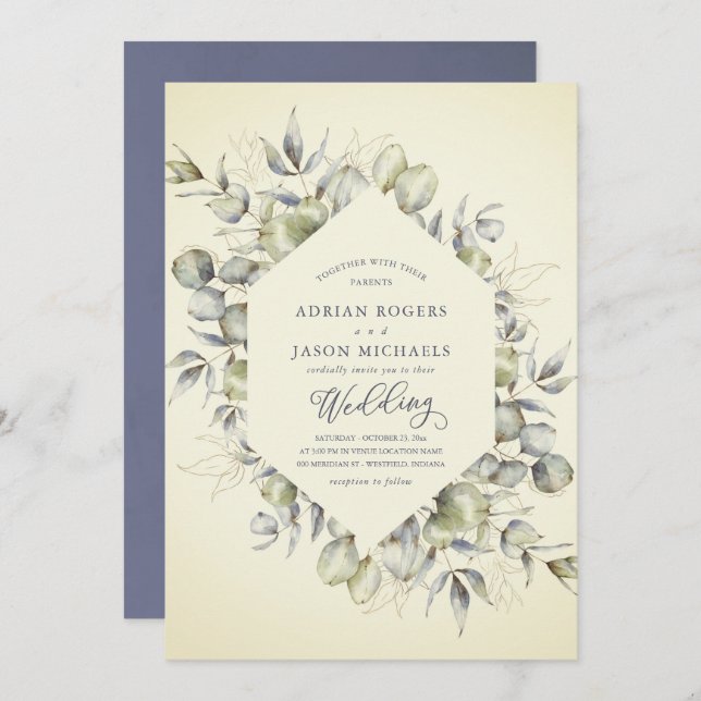Elegant Autumn Eucalyptus With Blue Wash Frame Invitation (Front/Back)