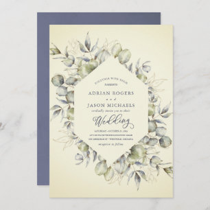 Elegant Autumn Eucalyptus With Blue Wash Frame Invitation