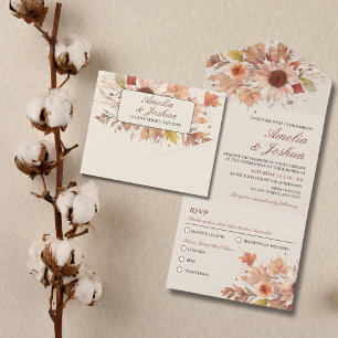 Elegant Autumn Fall Floral Watercolor Wedding All In One Invitation