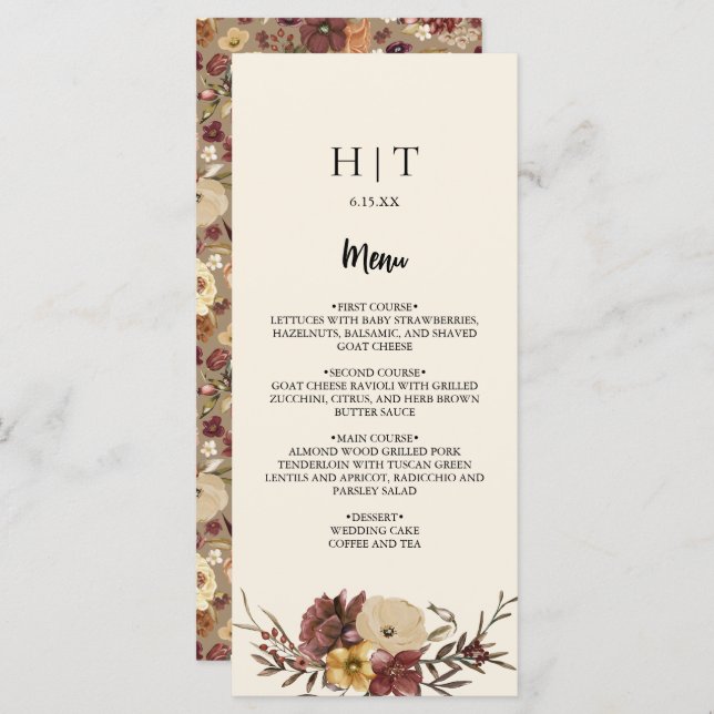 Elegant Autumn Fall Floral Wedding Menu Card (Front/Back)