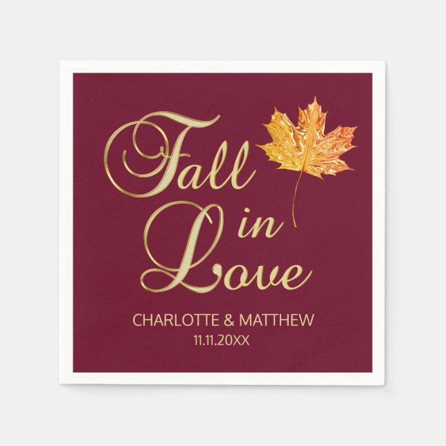 Elegant Autumn Fall in Love Burgundy Wedding Napkin (Front)