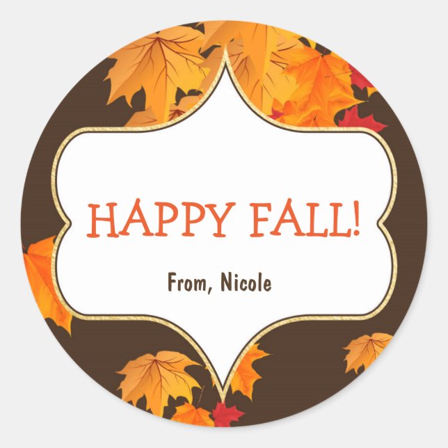 Elegant Autumn Fall Leaves Brown Favour Classic Round Sticker (Front)
