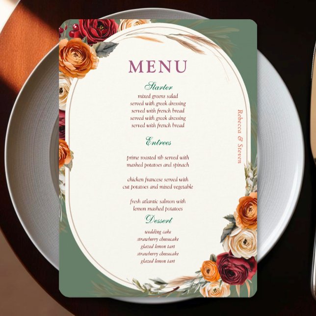 Elegant autumn fall orange sage floral wedding menu (Creator Uploaded)