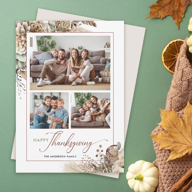 Elegant Autumn Floral 3 Photo Thanksgiving Holiday Card (Creator Uploaded)