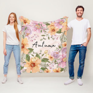 Elegant Autumn Floral and script Pink Green Fleece Blanket