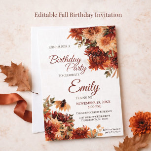 Elegant Autumn Floral Birthday Party Invitation