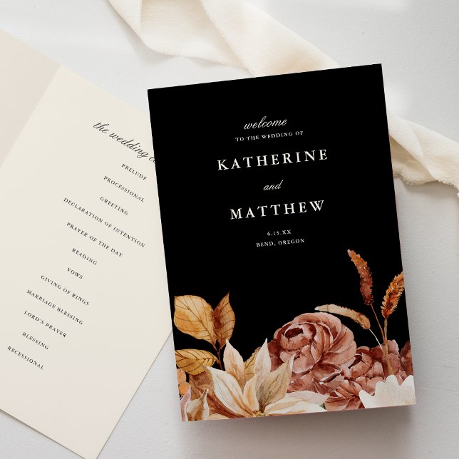 Elegant Autumn Floral Black Wedding Ceremony  Programme (Creator Uploaded)