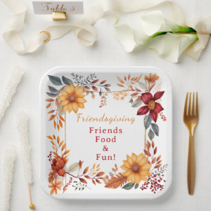 Elegant Autumn Floral Frame Friendsgiving Dinner Paper Plate