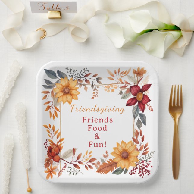 Elegant Autumn Floral Frame Friendsgiving Dinner  Paper Plate (Wedding)