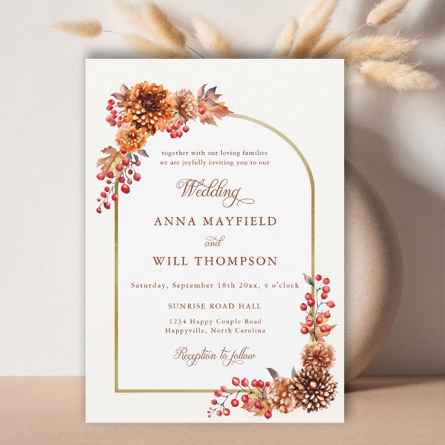 Elegant Autumn Floral Gold Boho Frame Wedding Invitation (autumn foliage boho gold floral frame wedding invitation terracotta romantic calligraphy modern chic)