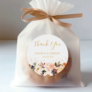 Elegant Autumn Floral Gold Thank You Favour  Classic Round Sticker
