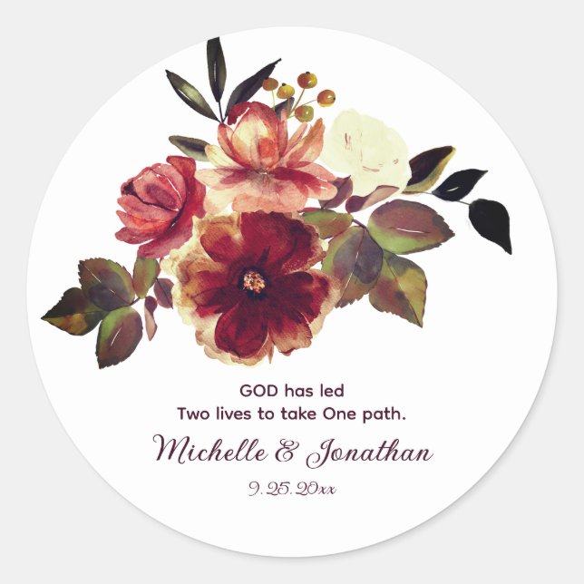 Elegant Autumn Floral Inspirational Quote Wedding Classic Round Sticker (Front)