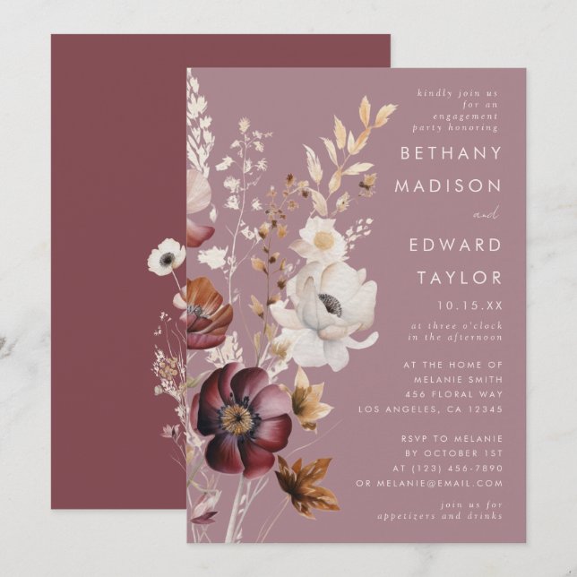Elegant Autumn Floral Mauve Engagement Party Invitation (Front/Back)