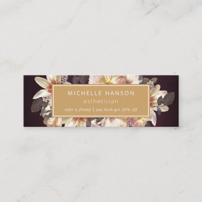 Elegant Autumn Floral Plum Gold Referral Discount Mini Business Card (Front)
