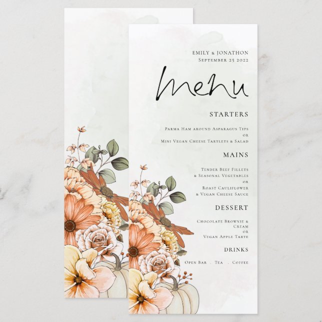 Elegant Autumn Floral Pumpkin Foliage Wedding Menu (Front/Back)