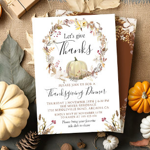 Elegant Autumn Floral Pumpkin Thanksgiving Dinner Invitation
