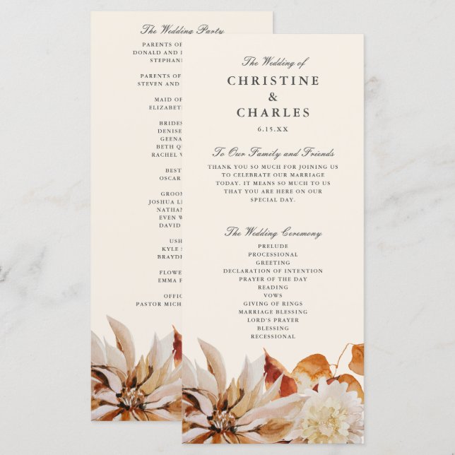 Elegant Autumn Floral Watercolor Wedding Ceremony  Programme (Front/Back)