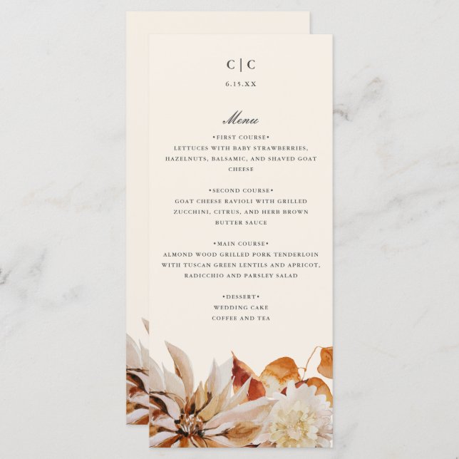 Elegant Autumn Floral Watercolor Wedding Menu Card (Front/Back)