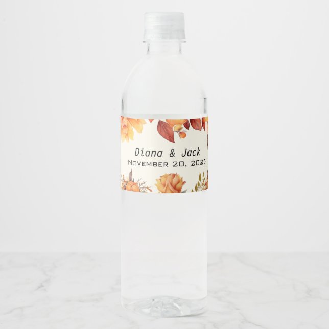 Elegant Autumn Floral Wedding Water Bottle Label (Front)