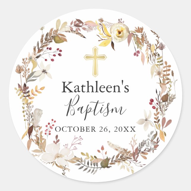 Elegant Autumn Floral Wreath Fall Baptism Classic Round Sticker (Front)