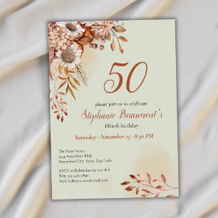 Elegant Autumn Flowers Green 50th Birthday Invitation