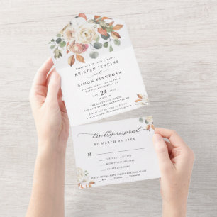 Elegant Autumn Flowers Script Modern Wedding All In One Invitation