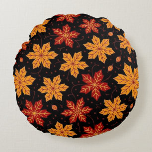 Elegant Autumn Foliage Leaves Pattern on Black Round Cushion