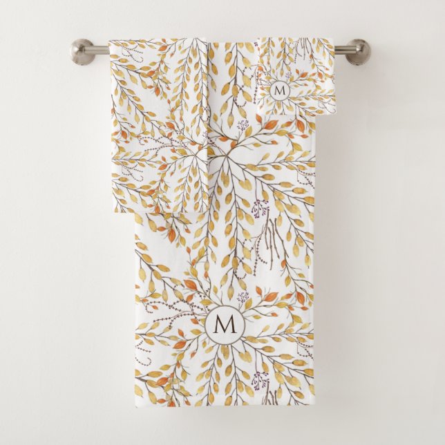 Elegant Autumn Foliage Pattern Personalised Bath Towel Set (Insitu)