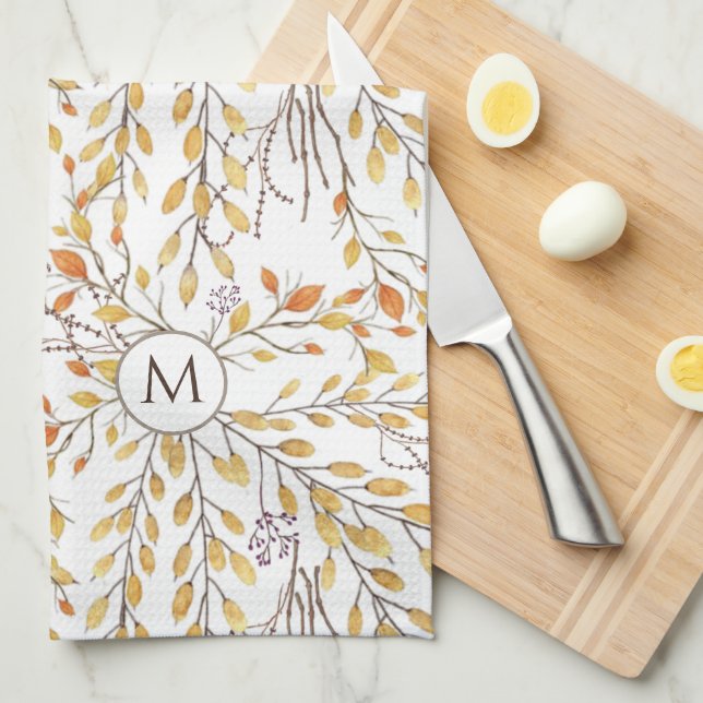 Elegant Autumn Foliage Pattern Personalised Tea Towel (Quarter Fold)