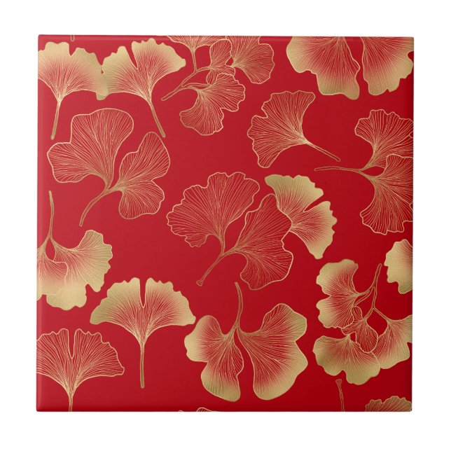 Elegant Autumn Ginkgo Leaves Gold Pattern Tile (Front)