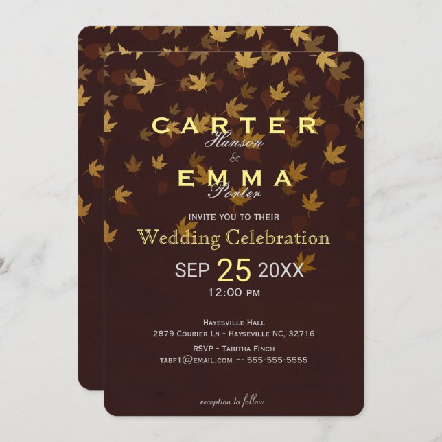 Elegant Autumn Golden Leaves Wedding Invitation (Front/Back)