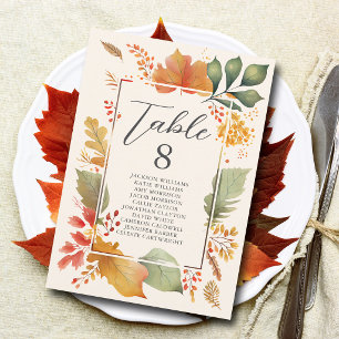 Elegant Autumn Leaf Wedding Table Number Card