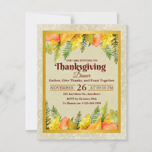 Elegant Autumn LeaveGold Foil Thanksgiving Dinner Invitation