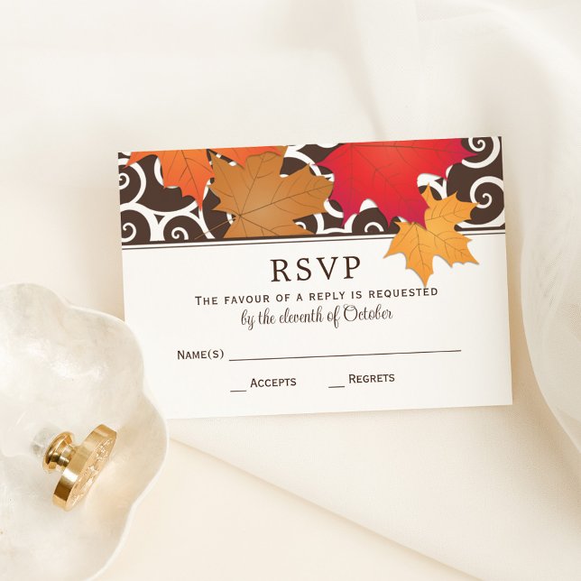Elegant Autumn Leaves and Swirls Fall Wedding RSVP Card (Creator Uploaded)