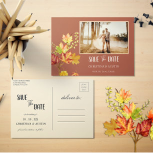 Elegant Autumn Leaves Burnt Orange Save the Date Postcard