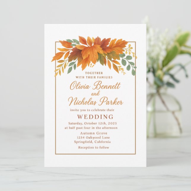 Elegant Autumn Leaves & Copper Rustic Fall Invitation (Standing Front)